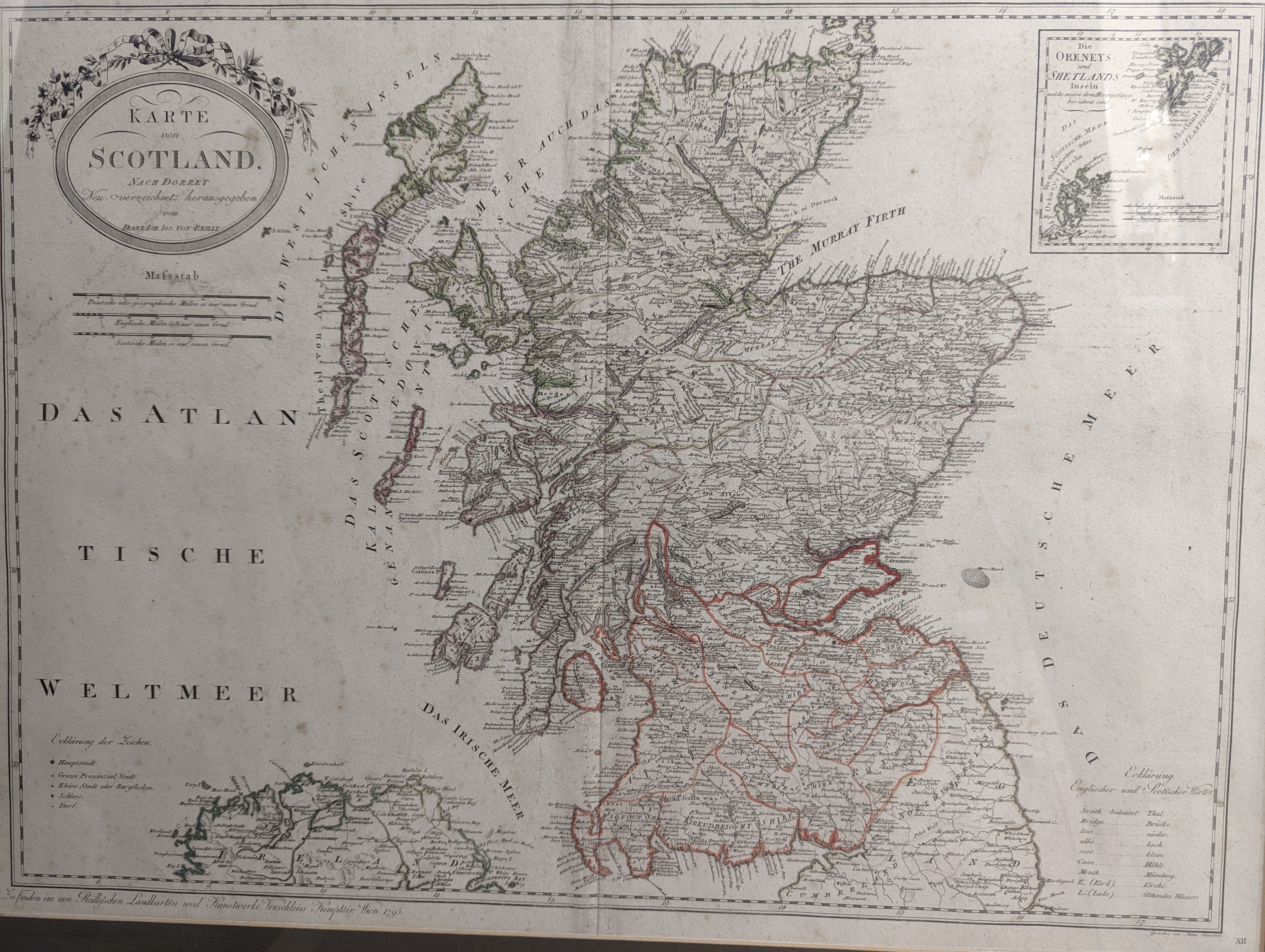 Franz Von Reilly, coloured engraving, German Map of Scotland, 1795, 46 x 63cm and two other later steel engraved maps of Moscow and St Petersburg, 32 x 39cm